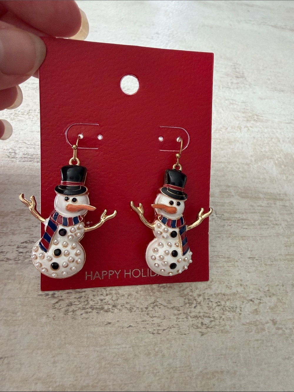 Festive Snowman Dangle Earrings - White Snowman with Black Top Hat